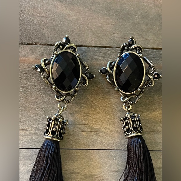 Tassel Long Fringe Drop, Black, Antique Gold Bohemian, Victorian Earrings - Picture 7 of 10